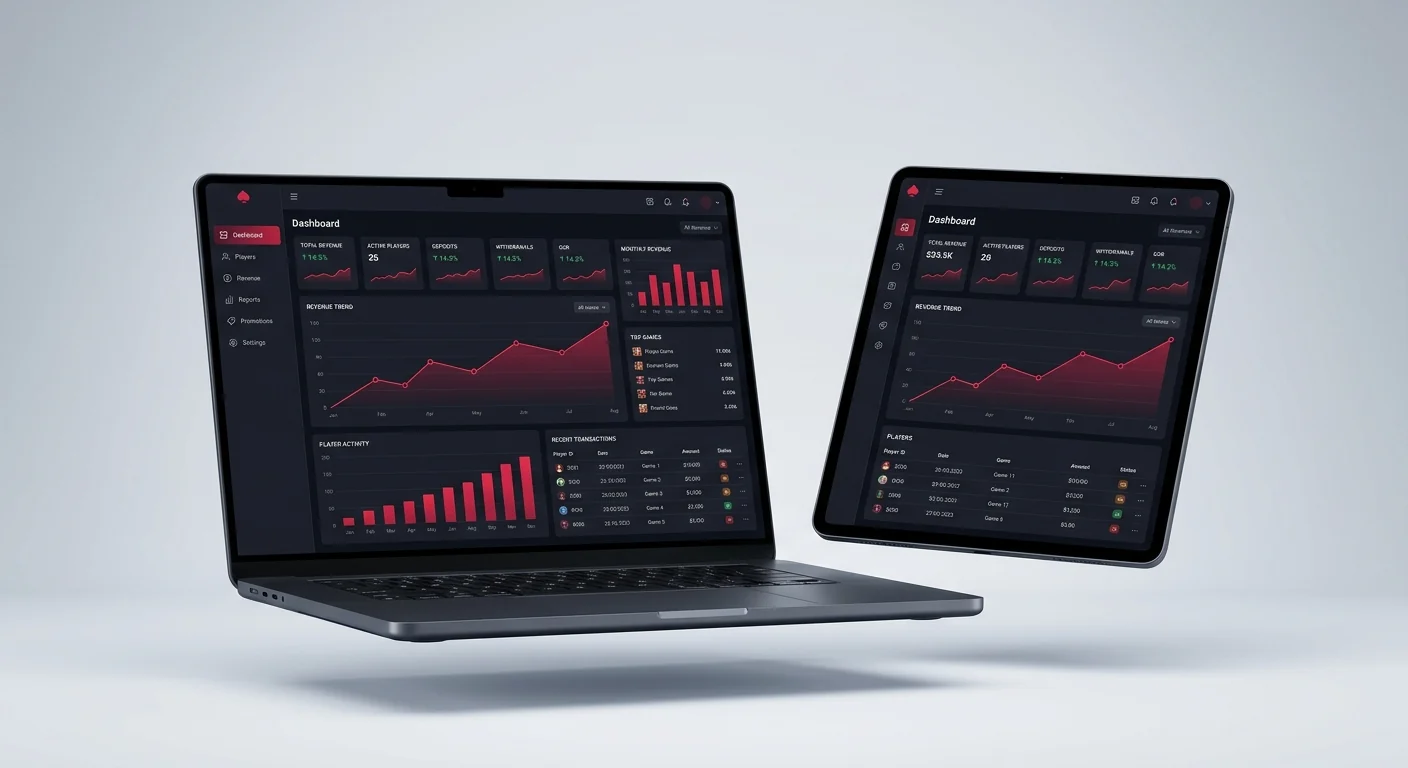 Casino backoffice yönetim paneli — laptop ve tablet